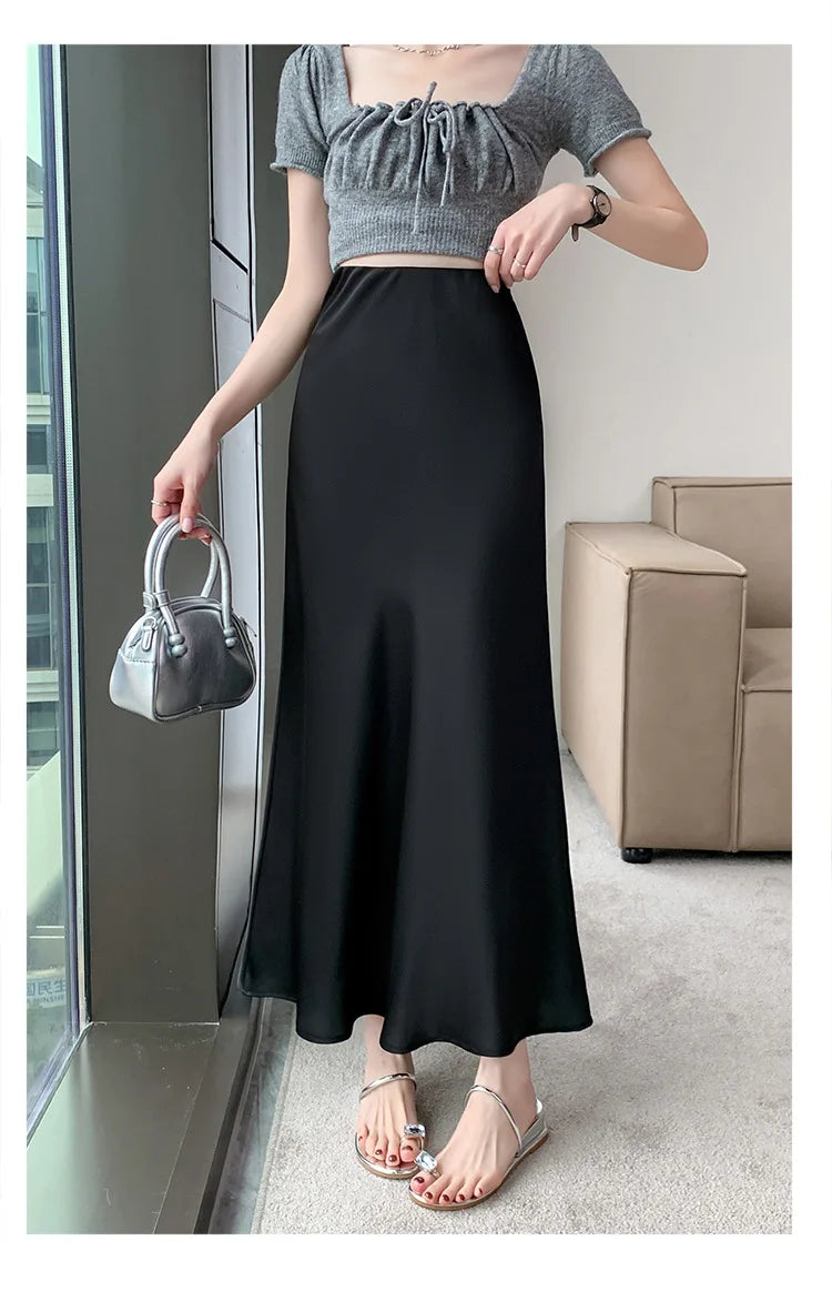 Acetic Satin Fishtail Skirt Woman Korean Fashion Elastic High Waist Skirts for Women Spring/Summer 2024 New Chic Lady Skirts