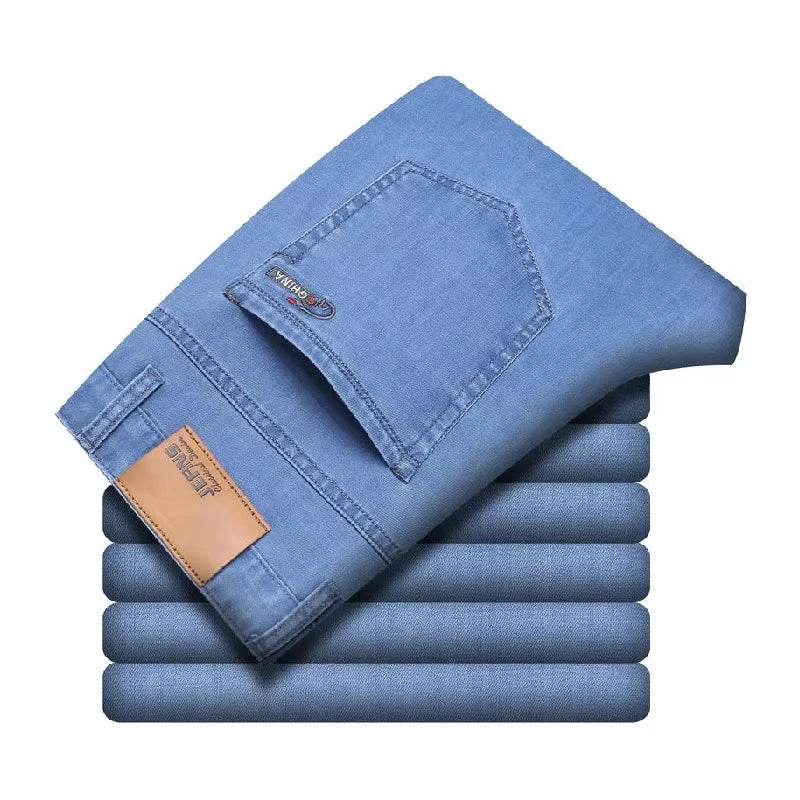 Summer Thin Classic Style Men Brand Jeans Business Casual Stretch Straight Denim Pants Light Blue Black Trousers Male - Shoppiline