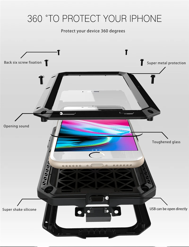 Heavy Duty Protection Armor Metal Aluminum Case for iPhone 16 15 14 13 12 mini 11 Pro 7 8 Plus XS Max XR SE 16e Shockproof Cover - Shoppiline