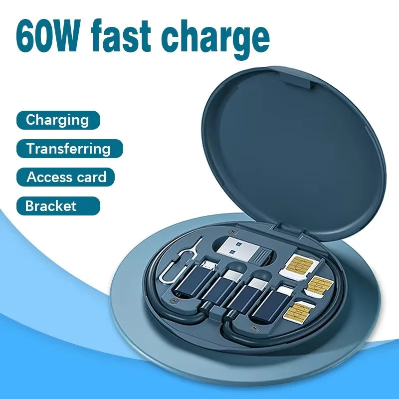 Portable Multifunctional Data Cable Storage Box, 60W Fast Charging Mobile Phone Holder Charging Cable Set Multi Head Conversio
