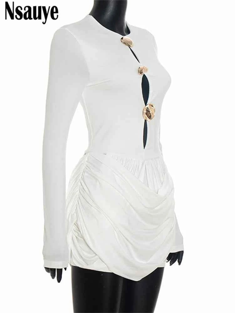 Nsauye Autumn Winter Women 2025 Sexy Night Club Mini Wrap Hollow Out Party Dress Fashion Elegant Evening Short Dress Long Sleeve