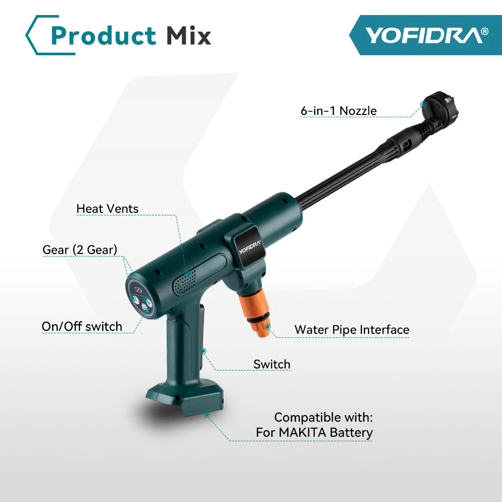 YOFIDRA 200Bar Brushless Electric High Pressure Washer Water Gun 6IN1 Cordless Car Washer Cleaning Garden For Makita Battery Pin - Shoppiline