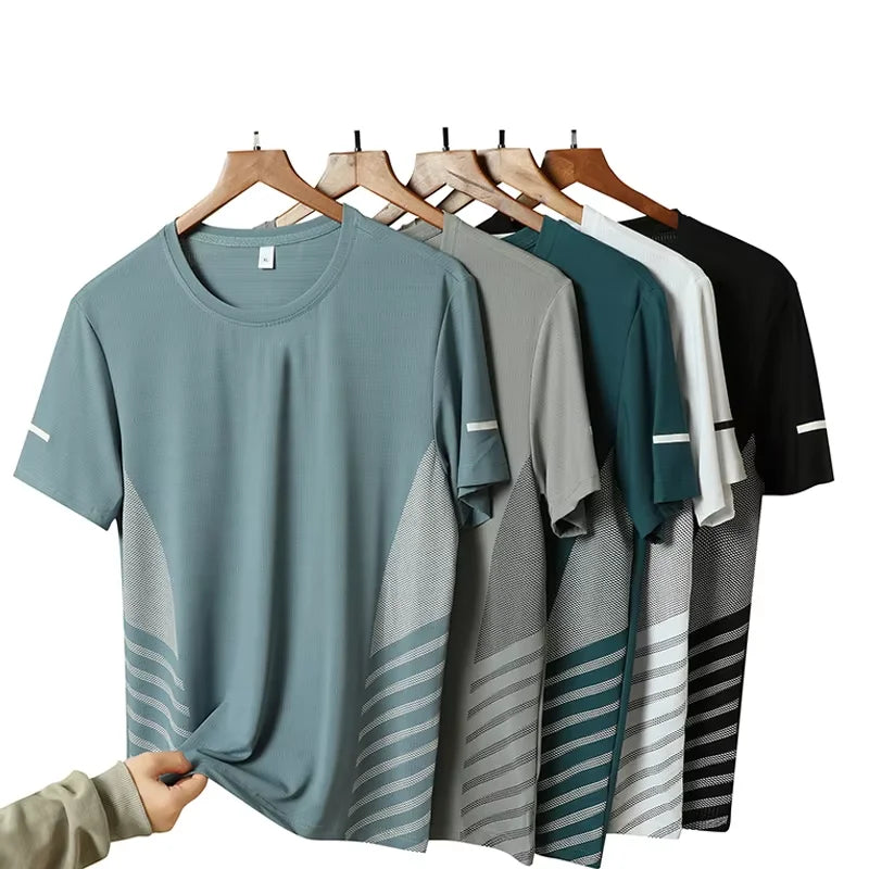 Laufendes T-Shirt Herren Sommer Eisseide Dünnes Oberteil Reflektierender Druck Schnell Trocknend Kurzarm Atmungsaktives Fitness Sport T-Shirt 5XL