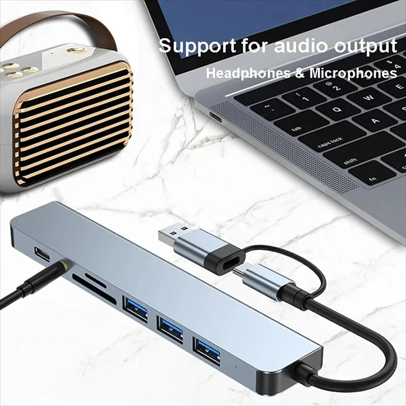 USB C Hub USB Splitter 8-in-1 USB Extender mit 4 USB-Anschlüssen, 1 USB-C-Anschluss, TF/SD-Kartenleser, Audioausgang, kompatibel für MacBook