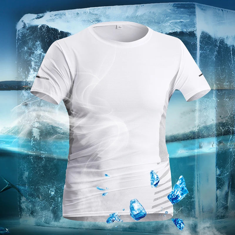 Laufendes T-Shirt Herren Sommer Eisseide Dünnes Oberteil Reflektierender Druck Schnell Trocknend Kurzarm Atmungsaktives Fitness Sport T-Shirt 5XL