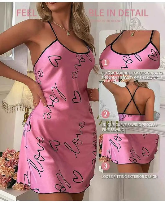Heart Letter Print Nightdress Casual Round Neck Spaghetti Strap Sleep Dress Women's Sleepwear Dresses
