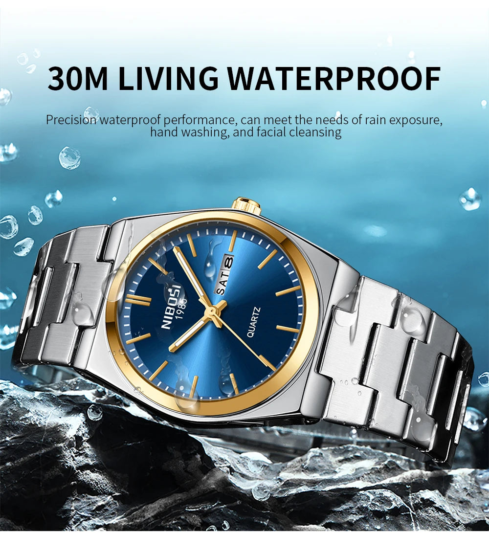 NIBOSI Luxury Watch For Man Waterproof Luminous Date Week Stainless Steel Men Watch Casual Quartz Men's Watches Male Clock+box