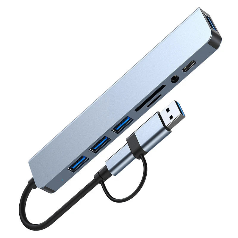 8-in-2 USB-C-Hub-Dockingstation mit 3,5-mm-Audiobuchse, Micro-SD-Kartenleser, Laptop-, Tablet-, Telefon- und Festplattenkonverter