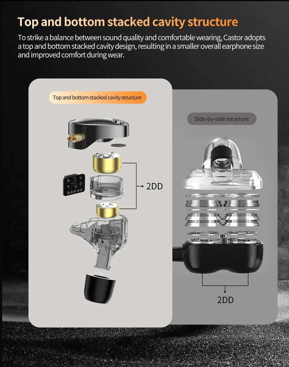 KZ Castor Wired Earphone Improved Bass HiFi Earphones 2 Dynamic Tunable Balance Monitor Headset Noise Cancelling Earbuds