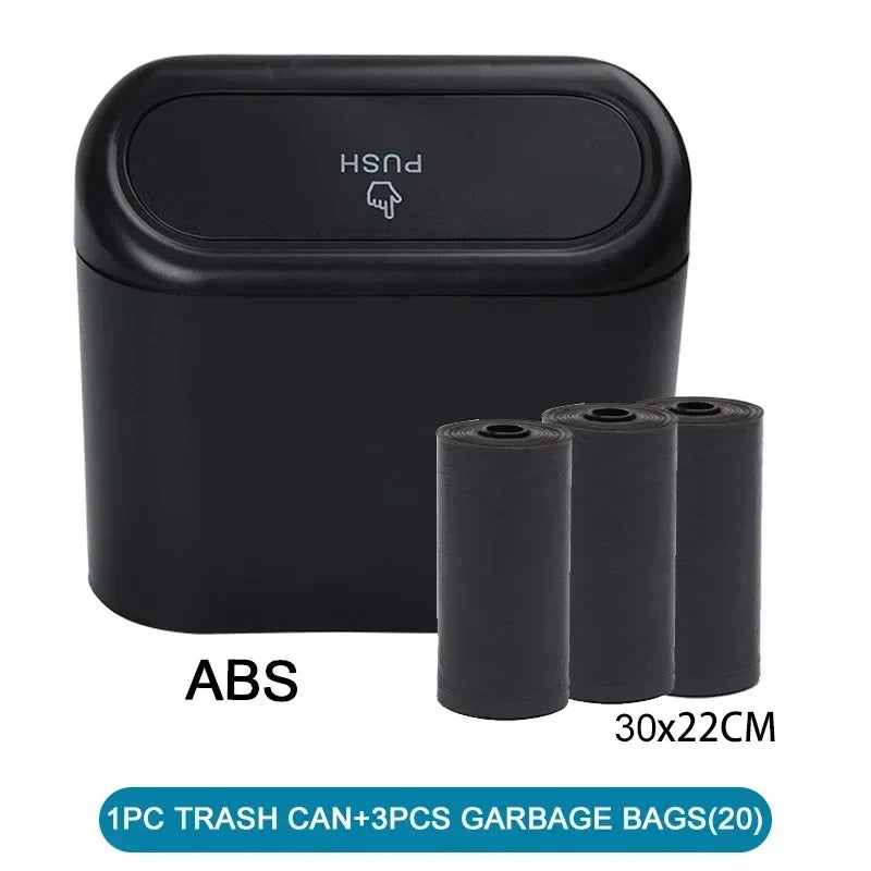 The covered car trash can contains 3 black garbage bags. The small car trash can is leak proof and miniature