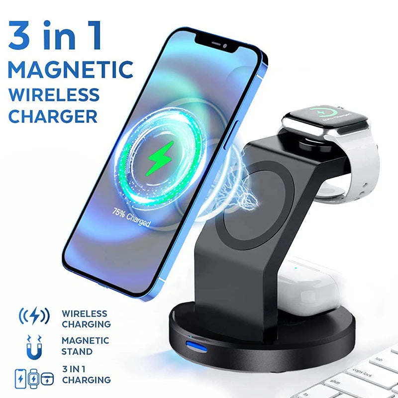 3 In 1 Magnetic Wireless Charger Stand For iPhone 15 14 13 12 Pro Max iWatch AirPods Station Dock MagSafe Fast Charging Station - Shoppiline
