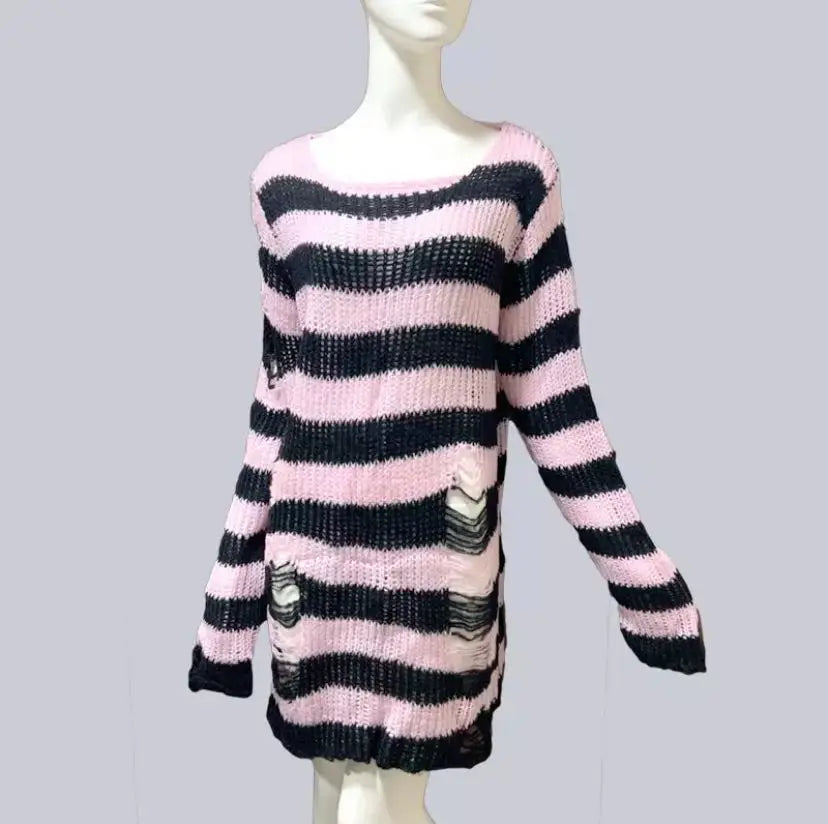 Nouveau Pull Long Unisexe Punk Gothique Été Femme Rayé Cool Creux Trou Cassé Pull Ample Rock Fin Sombre Streetwear Top