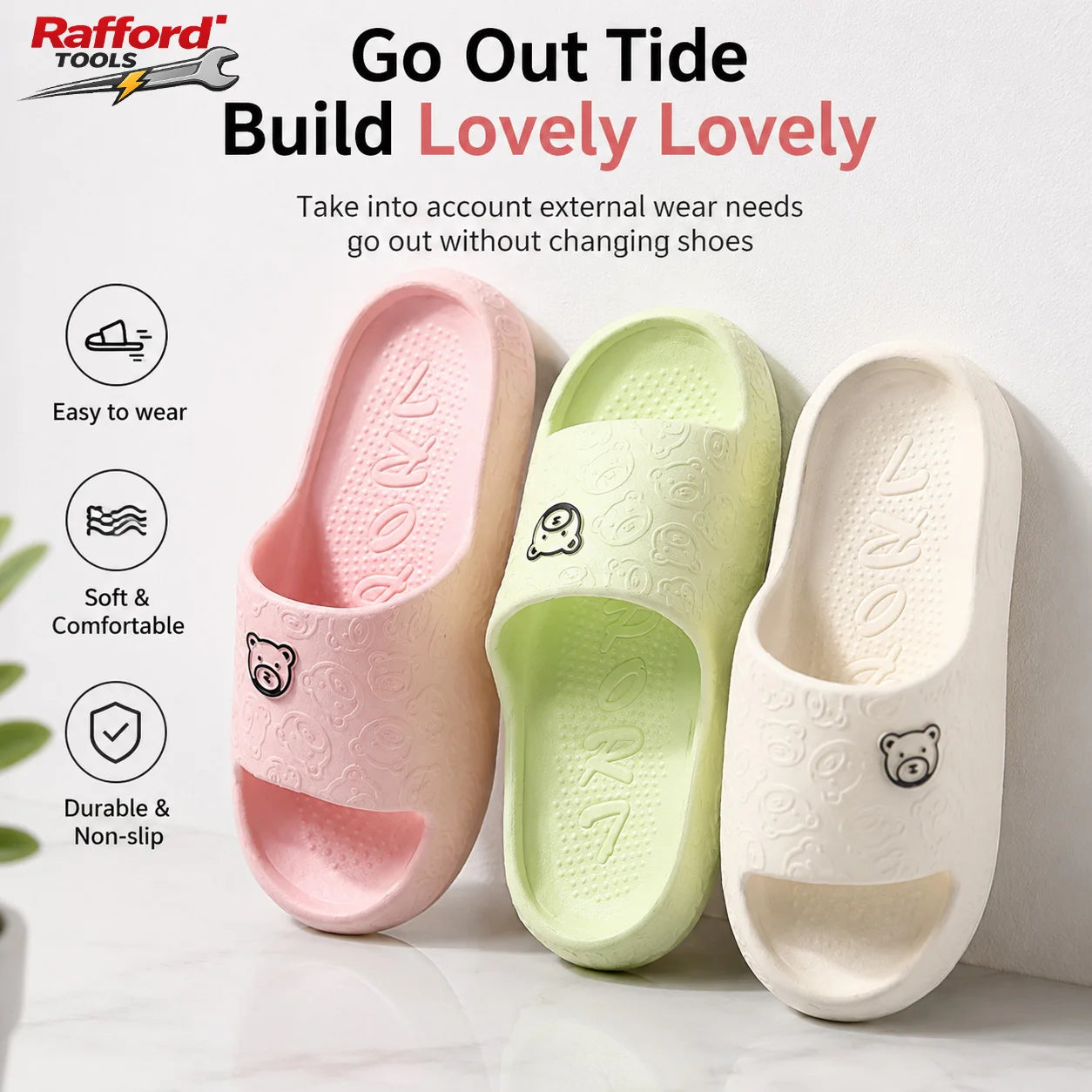 Rafford Bear Print Slides Soft Non-Slip Quick-Dry Unisex Sandals for Home Bathroom Dorm Couples Summer Shoes