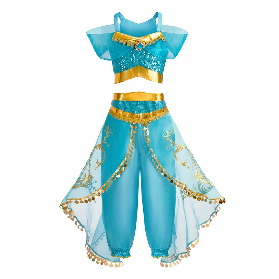 Kinder Arabische Prinzessin Kleid Mädchen Halloween Jasmin Kostüm Kinder Karneval Cosplay Party Verkleidung Mädchen Pailletten Festzug Outfit