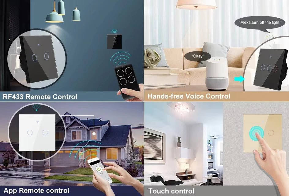 EU WiFi RF 433mhz Smart Wireless Touch Wall Light 1/2/3/4 Gang with Switch Button 220V with no Neutral EU Tuya Alexa Google - Shoppiline