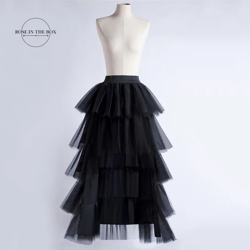 BABYONLINE Women Tiered Tulle High Low Skirts Elastic Waist Petticoat Puffy Long Tulle Skirt Female Maxi Skirt Free Size