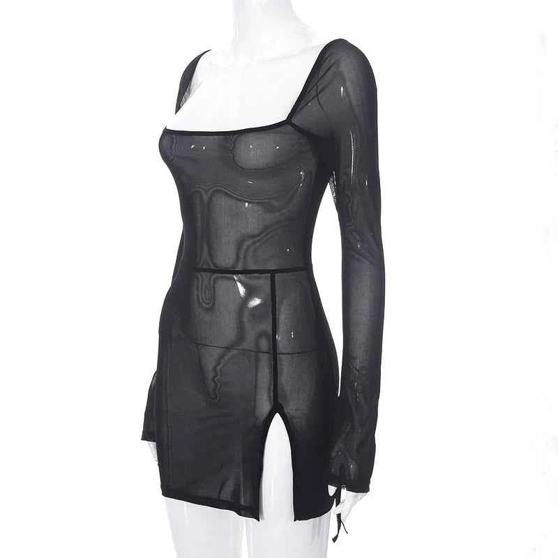 Women's Square Collar Mini Dress Y2K Gauze Long Sleeve Sheer Sexy Night Outfit Clubwear Solid Color
