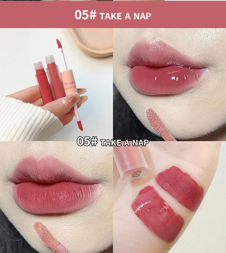 Doppelseitiger Lip Glaze Vollglanz Spiegel und mattes Samt Langzeit-Farbe und Feuchtigkeit Lip Gloss Anti-Flecken Kosmetik Lip Glaze