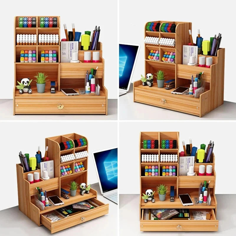 Wooden Desk Organiser DIY Desktop Tidy Pen Holder Large Capacity Stationery Storage Box with Drawer for Home Office and School - Shoppiline