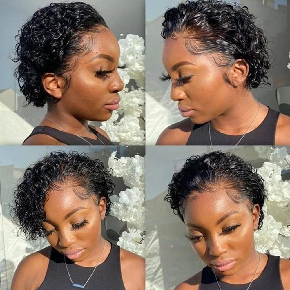 Kurze lockige Perücke Transparente Lace-Front Echthaarperücke Pixie Cut Perücken Brasilianische Wasserwelle Echthaarperücken für Frauen