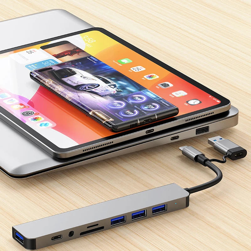 8-in-2 USB-C-Hub-Dockingstation mit 3,5-mm-Audiobuchse, Micro-SD-Kartenleser, Laptop-, Tablet-, Telefon- und Festplattenkonverter