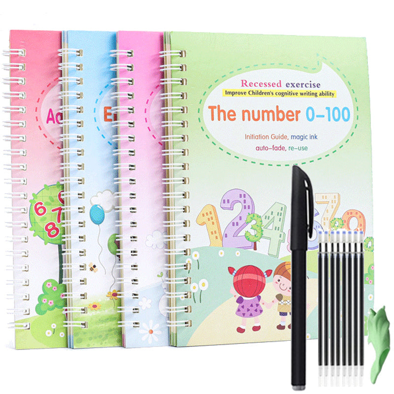 4 Bücher Englisch Übungsheft Zauberstift Nachfüllpackung Automatisch Verschwindende Tinte Kinder Schreibaufkleber Übung für Kinder Erleuchtungsgeschenk