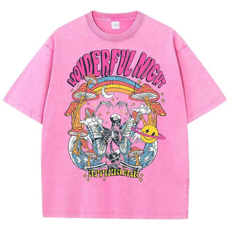 Wonderful Night Skeleton Butterfly Wave Print Womens T-Shirts Fashion Oversized Tops Street Comfortable Clothing Loose Wash Tee