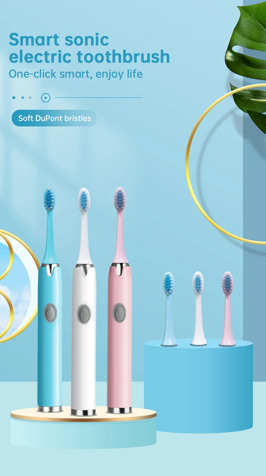 Tongwode Sonic Electric Toothbrush IPX7 Waterproof Adult Couple Home Use Soft Bristle Replaceable With 6 Tooth Brush Heads
