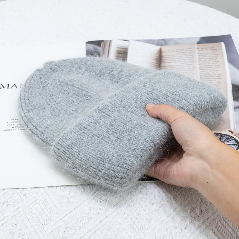 Bonnets d'hiver pour femmes en fourrure de lapin tricotés, bonnets épais à revers, bonnets amples et doux pour le ski.