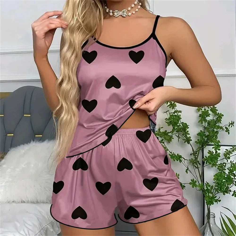 Ensemble de pyjama pour femme Pyjama T-shirts Shorts Imprimé cœur rose T-shirt à col rond Haut en soie glacée Confortable Décontracté Été