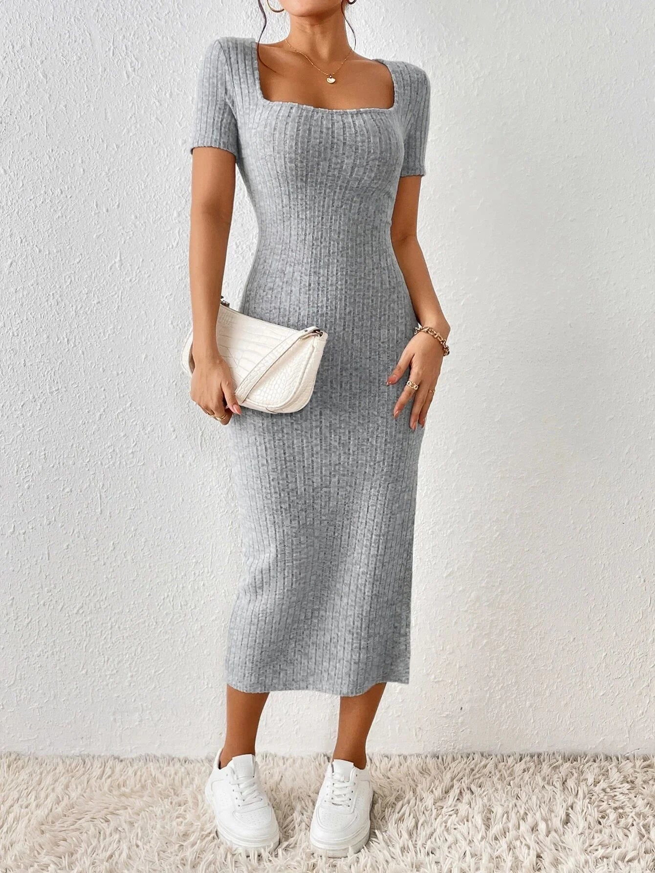 Robe tricotée femme style printemps-été, robe décontractée à manches courtes, col carré, fente latérale, Vestidos