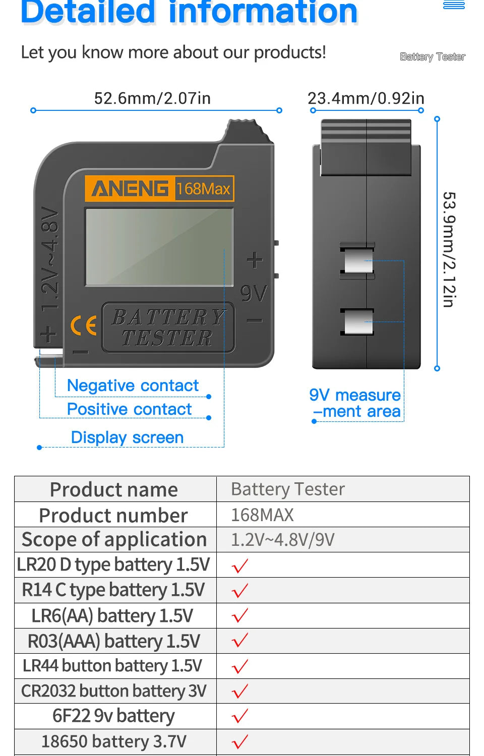 Universal Lithium Battery Tester ANENG 168Max Capacity Test Checkered Load Analyzer Check AAA AA Button Cell Home Essential Tool