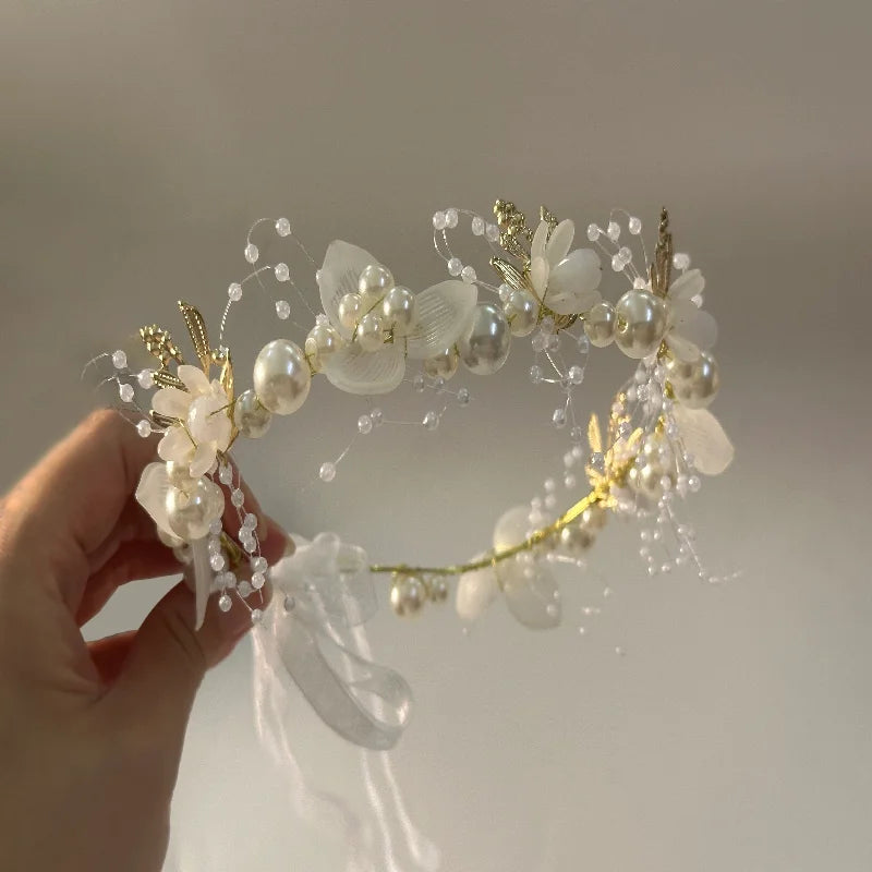 Wedding Accessory Bride Crown Hair Crystal Jewelry Tiara With Pearls Flowers Wedding Crown Floral Pearl Bridal Headband