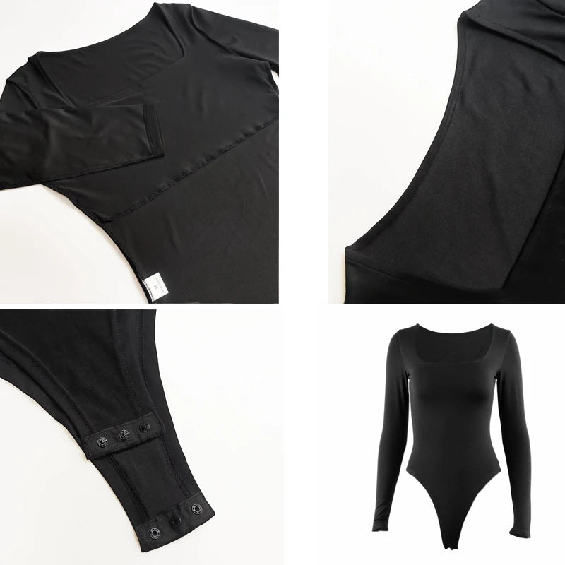 Long Sleeve Bodysuits Spring 2025 Square-Cut Collar Solid Bodycon Elastic Romper Sexy Y2k Women Clothing Fashion Club Party 2520