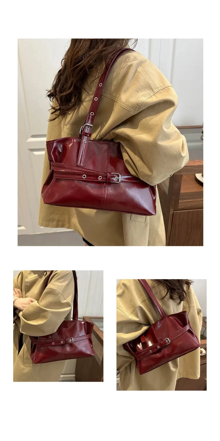 Solid-color Versatile Tote Bag for Women High-quality Suede Buckle-designed Bucket Commuter Bag
