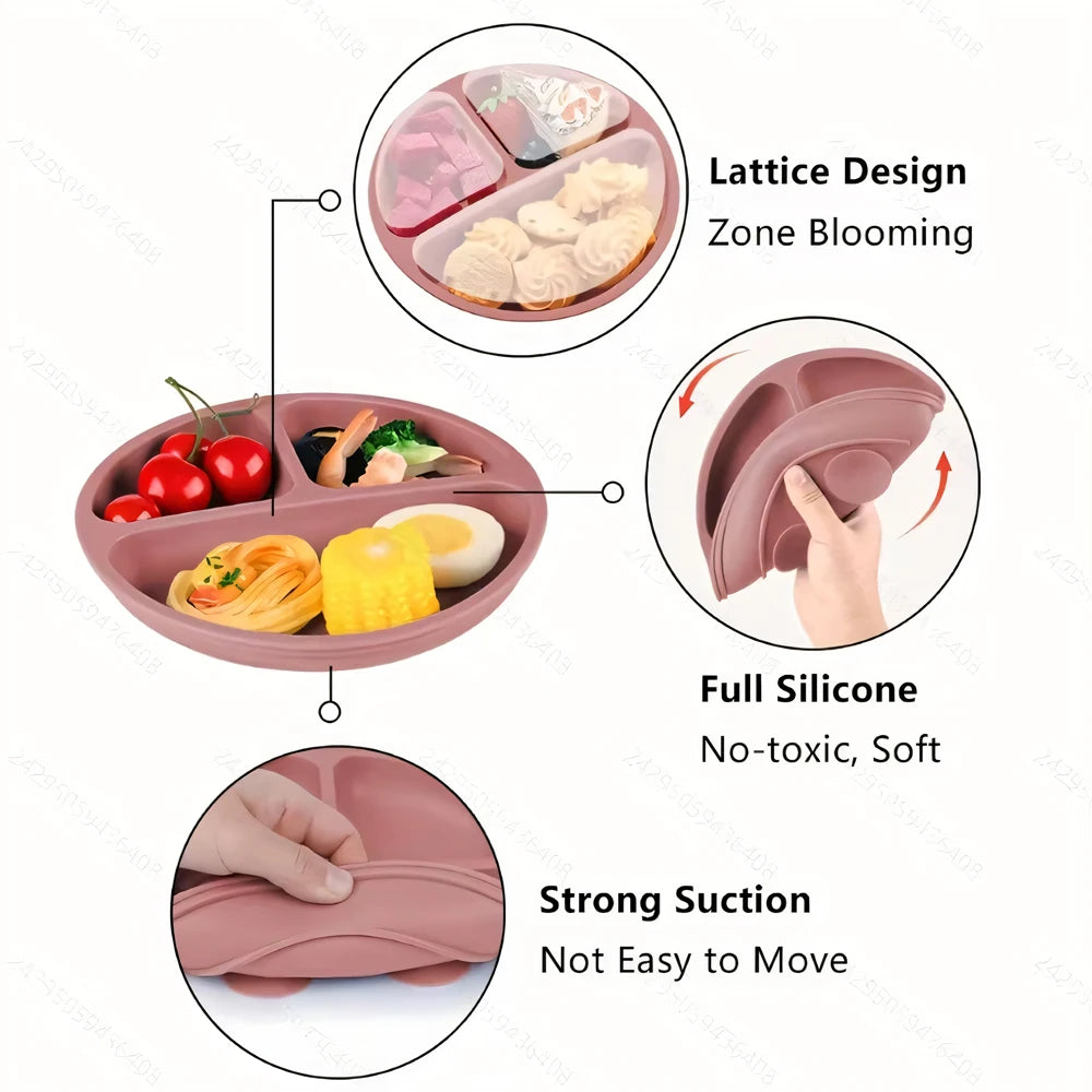 Suction Plates For Babies, Silicone With Lid Divided Design Dinner Plate