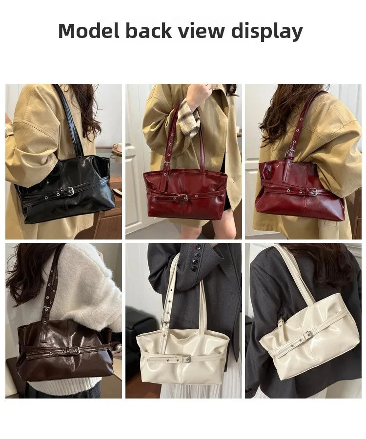 Solid-color Versatile Tote Bag for Women High-quality Suede Buckle-designed Bucket Commuter Bag