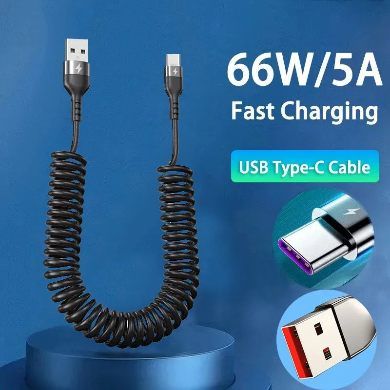 Fast Charging Type C to Type C Spring Telescopic Cable For iPhone 15 14 Samsung Xiaomi OnePlusCar USB Type C 66W & LIGHTNING PD