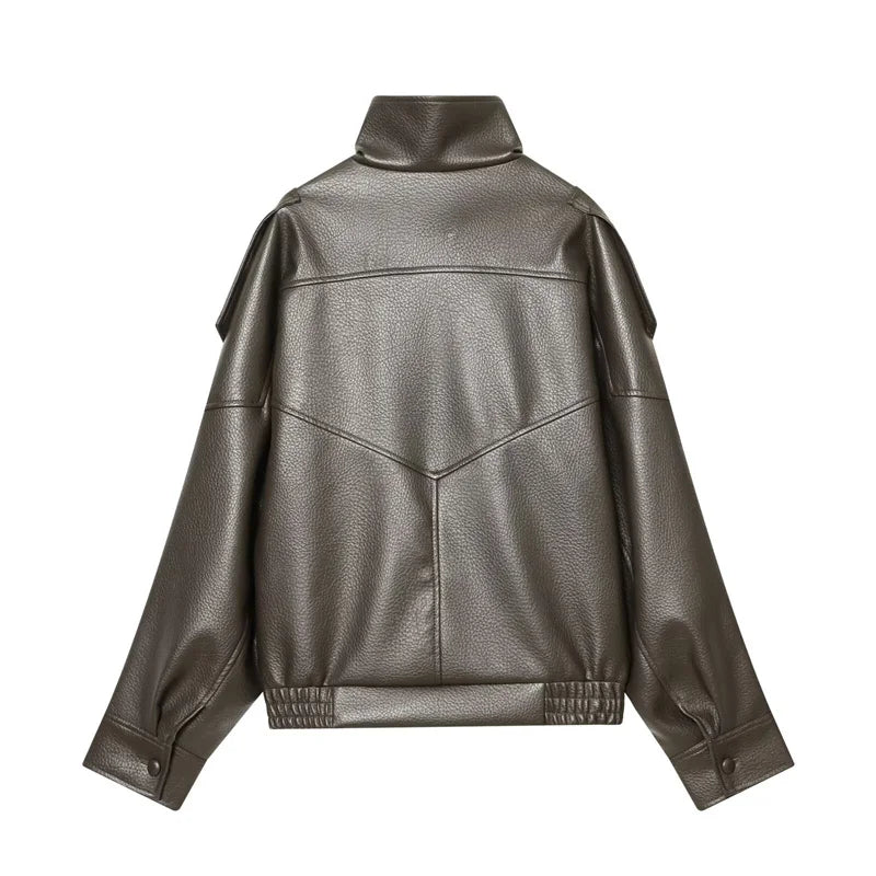 Women's Jacket 2026 Autunm  New Black Long Sleeve Pebble Faux Leather Jacket Motorcycle Style Personality Fashion