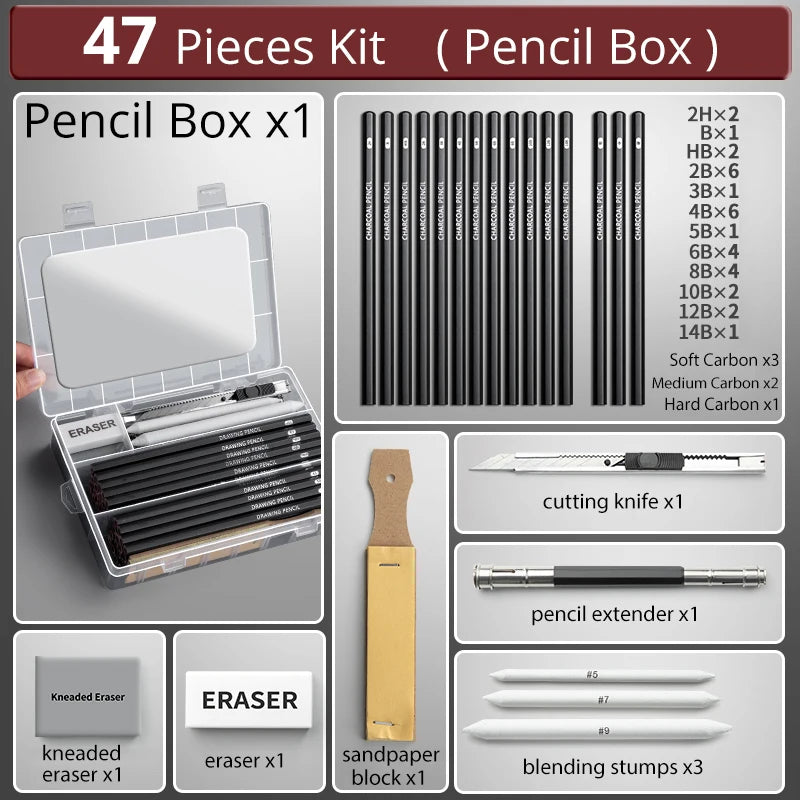 27/38/47pcs Drawing Pencils Sketch Box Set Sketching Kit Pro Art Sketch Supplies Charcoals Kneaded Eraser Extender Pencil Case