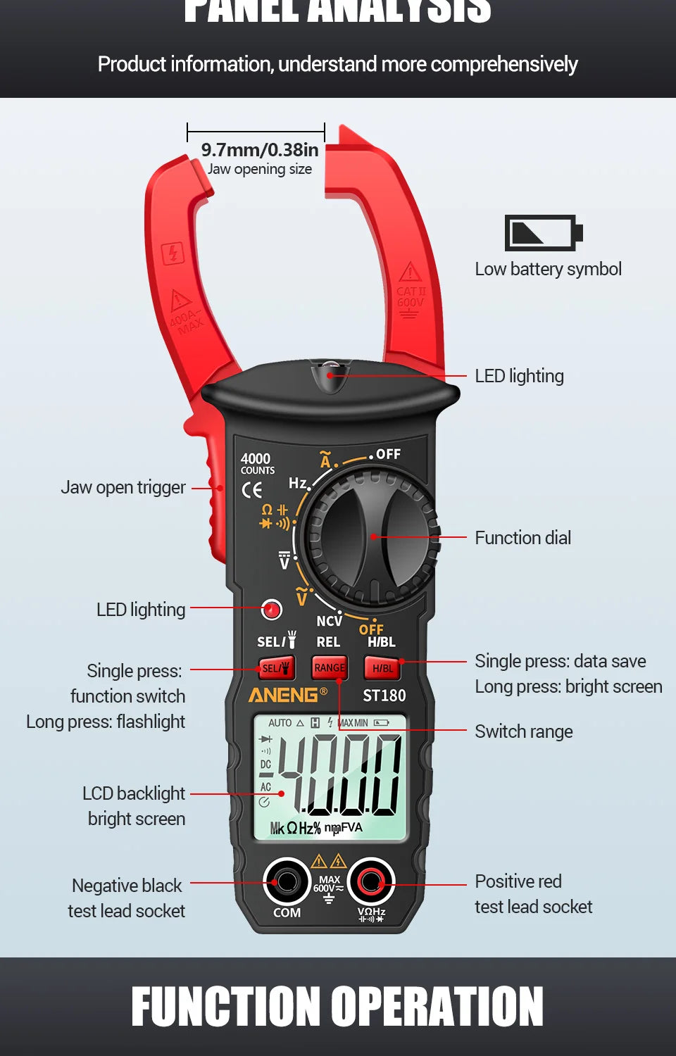 ANENG ST180 AC Current Clamp Meter  Digital 4000 Counts Multimeter Ammeter Voltage Tester Car Amp Hz Capacitance NCV Ohm Tool - Shoppiline