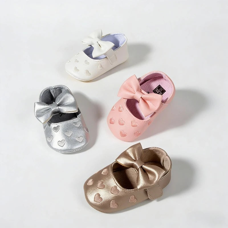 Baby-Mädchen Lauflernschuhe für drinnen 0-18 Monate, weiche Baumwollsohle, rutschfest, mit Schleifenstickerei, Klettverschluss-Schühchen