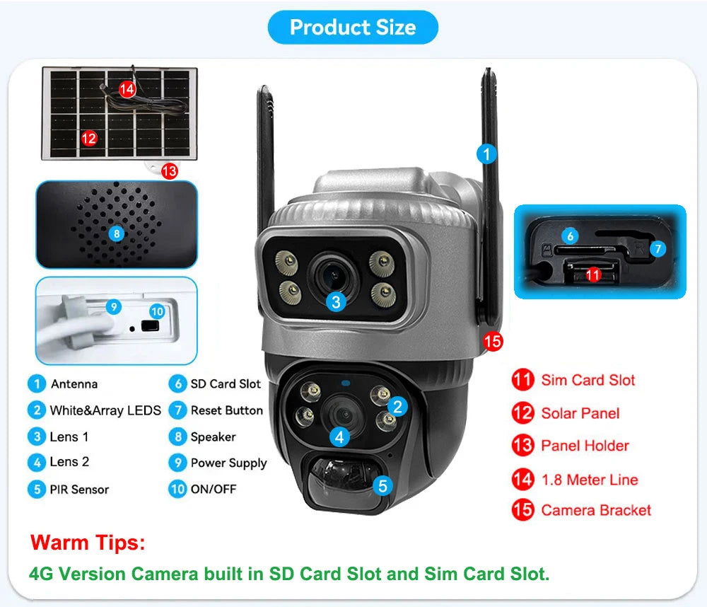 V380 Dual Lens 4G Camera Solar PIR Human Detection Night Vision Waterproof Security Video IP Camara 8MP 4K Battery CCTV Monitor - Shoppiline