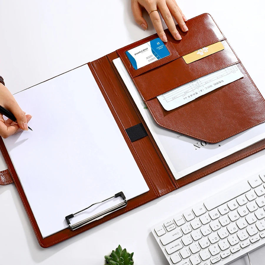 1Pc Texture PU Leather Multi-Functional Folder A4 Clip Pen Holder Card Slots - Business Office Meeting Organizer for Bank/Sales - Shoppiline