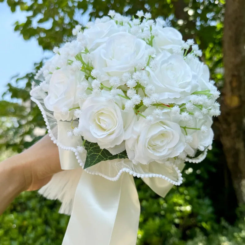 Wedding Bouquets for Bride Babysbreath Rose Bridesmaid Bouquets Silk Ribbon Valentine's Day Decoration Pearl Lace Mesh Ball Gift