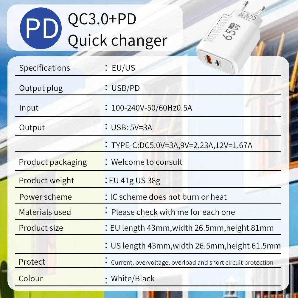 Total 65W GAN USB C Charger Fast High Speed Charging Quick Charge For iPhone 16 Xiaomi 15 Redmi USB C Mobile Phone Wall Adapter