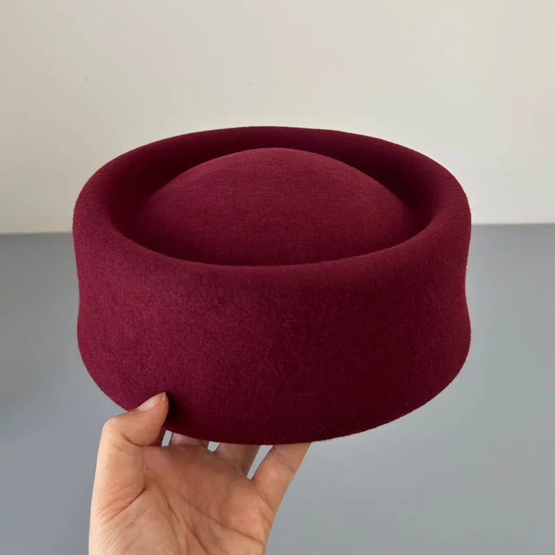 Vintage Hard Top Flat Fedoras Hats Women 100% Wool Felt Berets Hat Wedding Fascinator Caps Wedding Cocktail Party Pillbox Hat