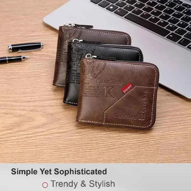 Men's PU Waxed Oil Leather Wallet Short Bifold Coin Purse with All-Around Zipper for Cash And Cards