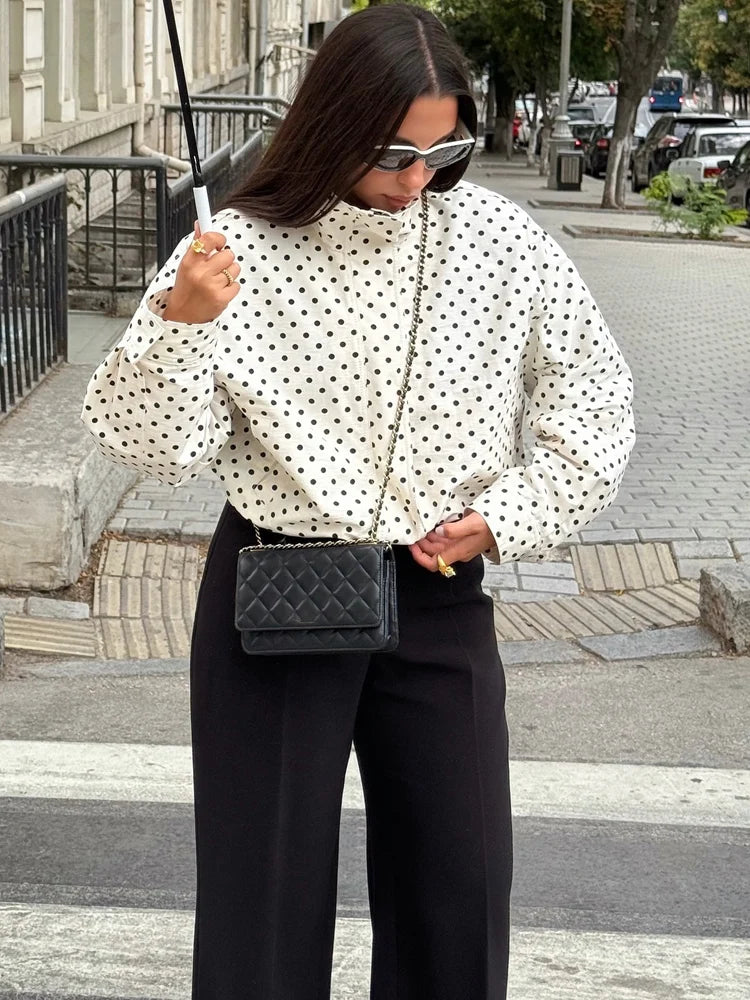 HH Fashion Women's Polka Dot Print Short Coats Autumn Long Sleeves Turtleneck Zipper With Pockets Drawstring Casual Jacket