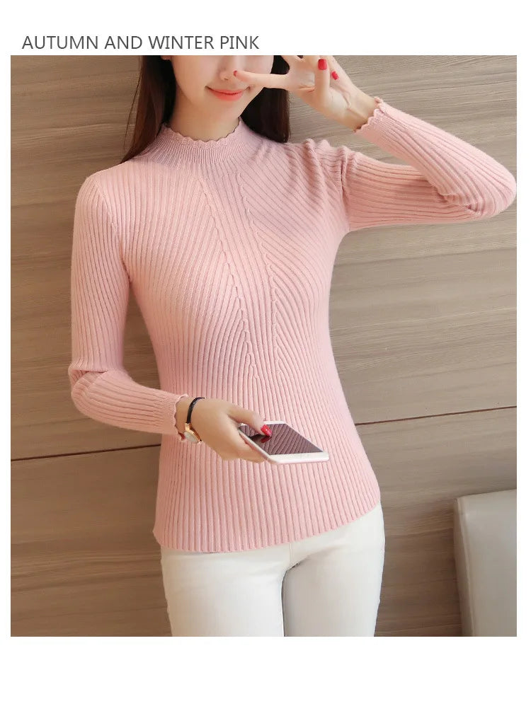 2026 Autumn Women Mock Neck Ruffles Sweater Long Sleeve Knitted Bottoming Solid Pullovers Stripe Women Casual Sweater Winter
